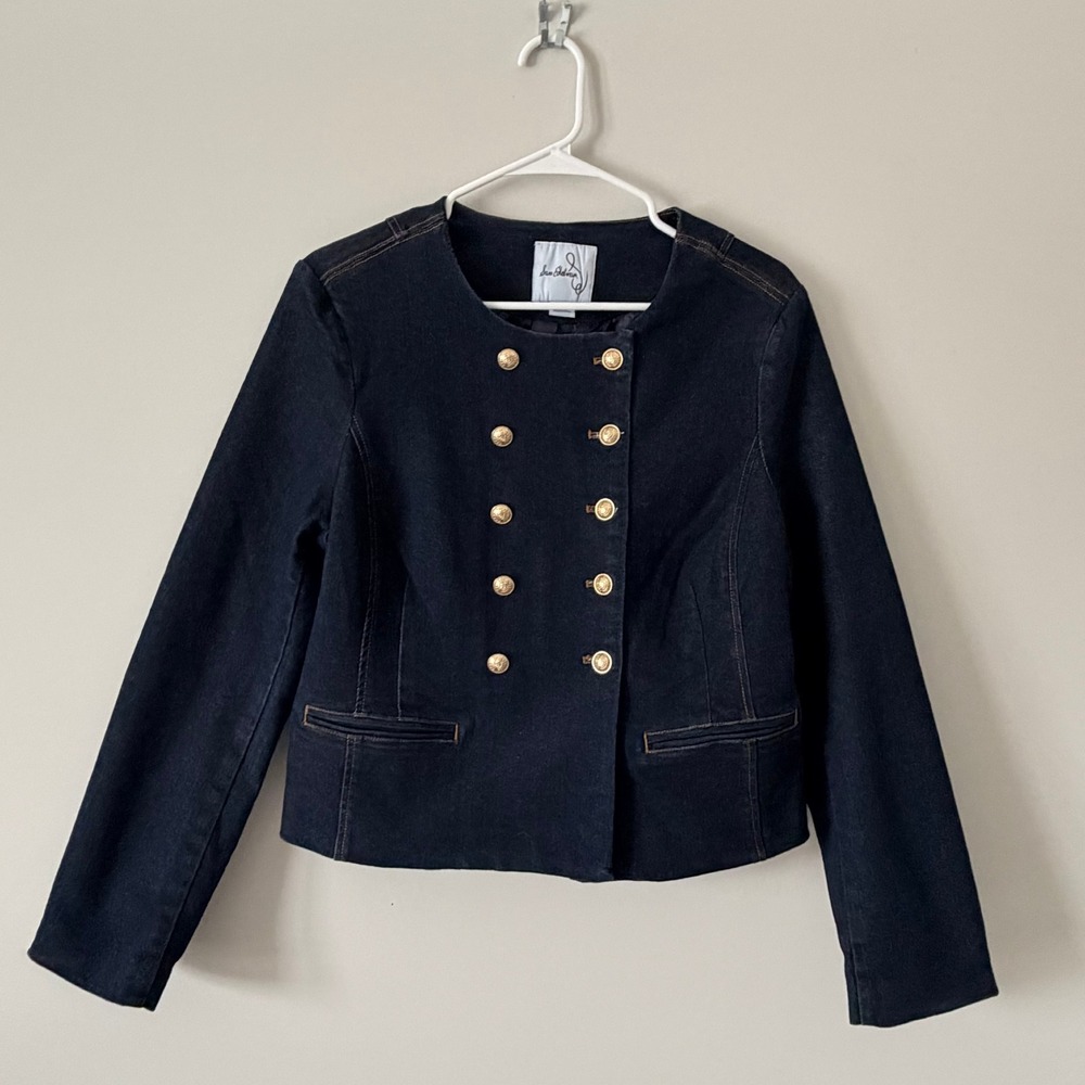 Sam Edelman Womens Dark Wash Heavy Denim Military‎ Jacket Gold Button Blazer Med